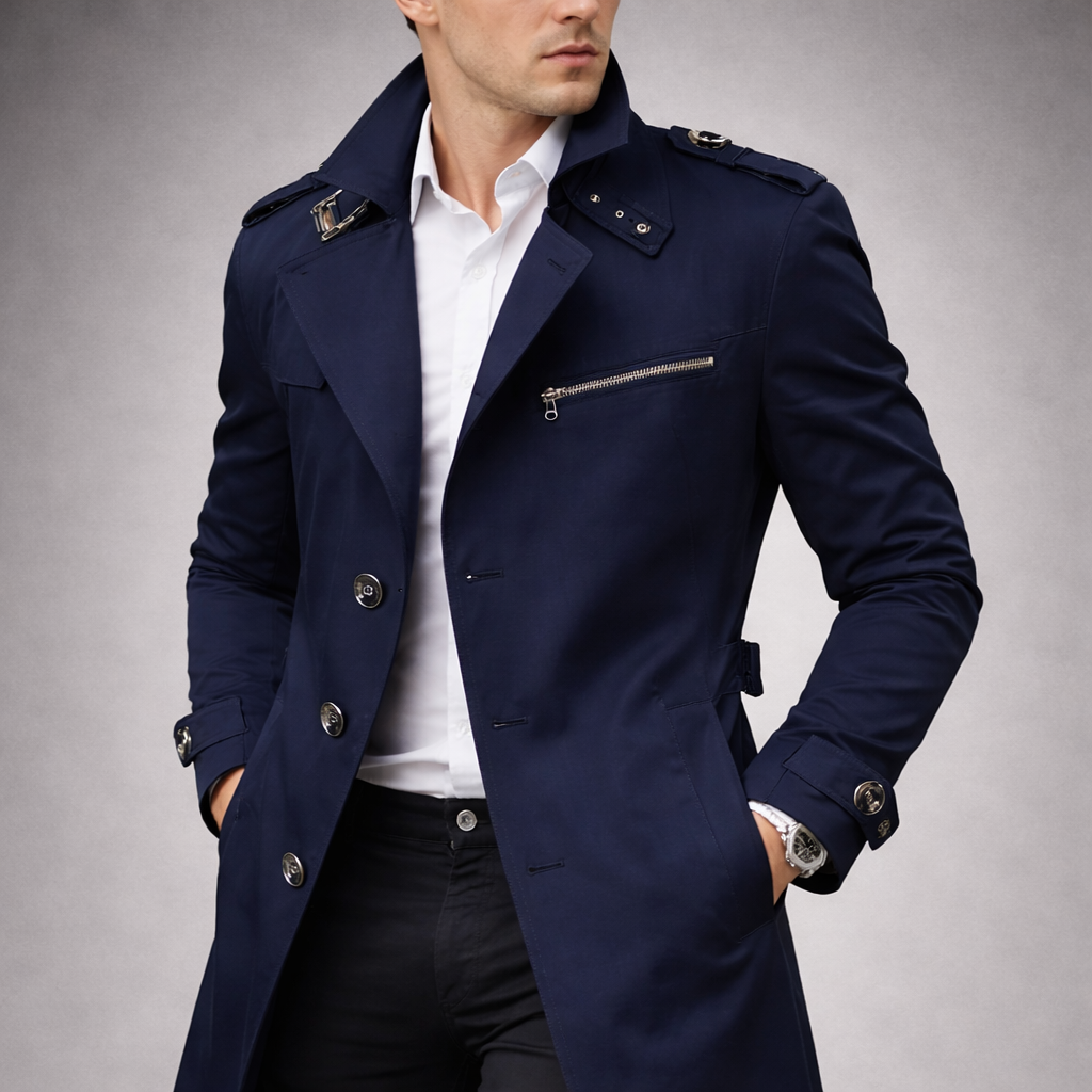 Man wearing a navy blue trench coat over a white shirt on a gray background