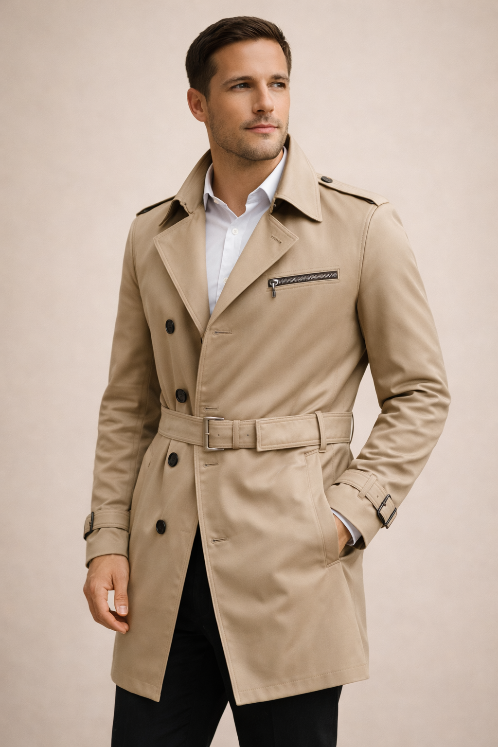 Man wearing a beige trench coat against a plain background