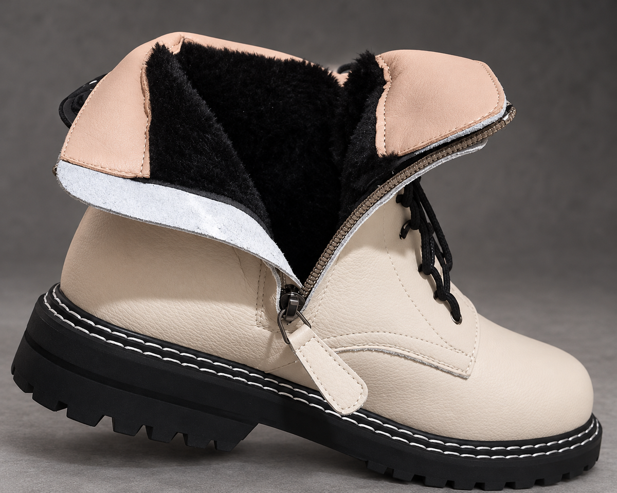 Women's Lace-Up Combat Ankle Boots – Beige - Faux Fur Lined