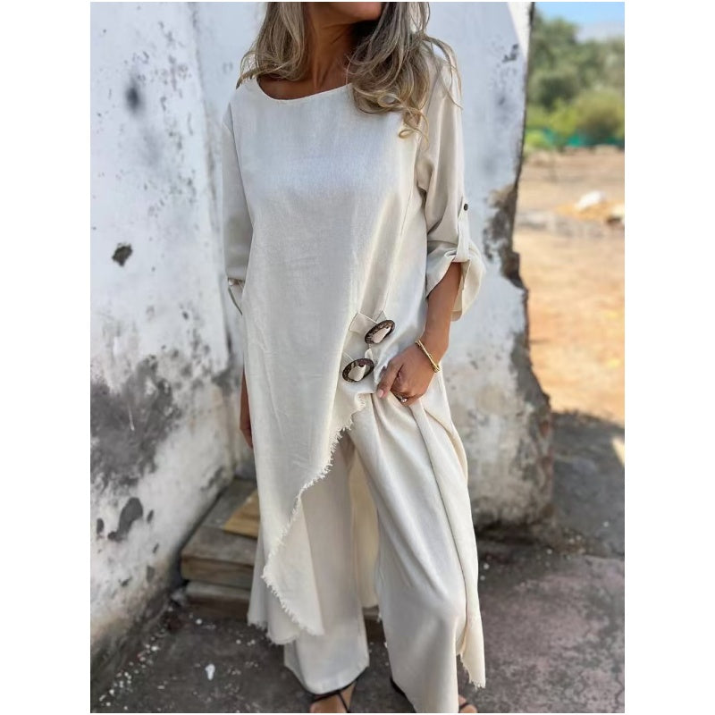 Women wearing breathable cotton and linen two-piece pants set in yellow