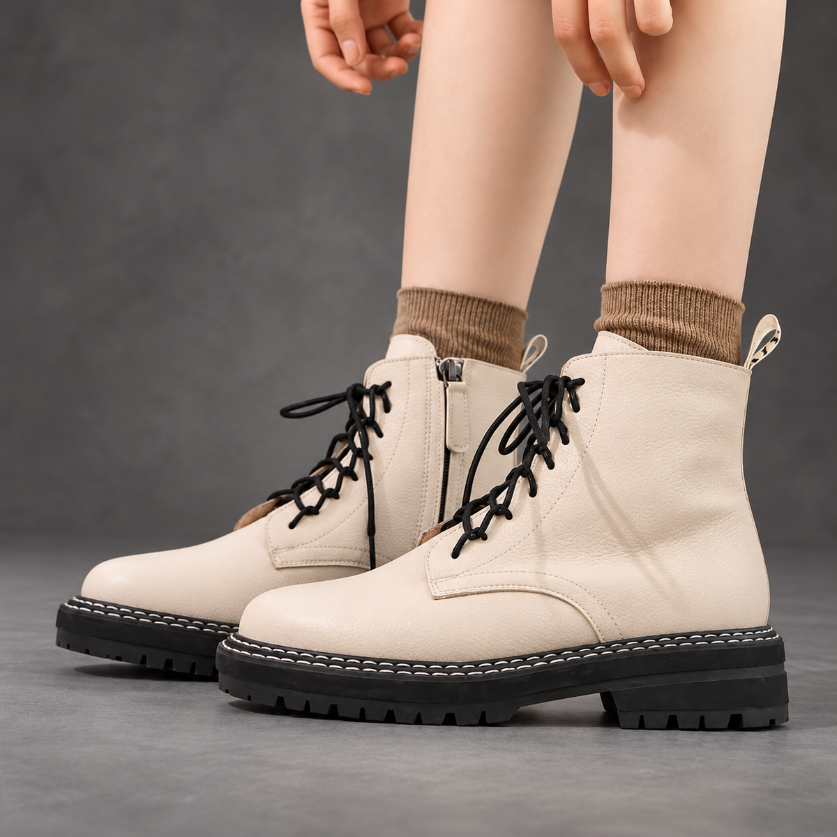 Women's Lace-Up Combat Ankle Boots – Beige