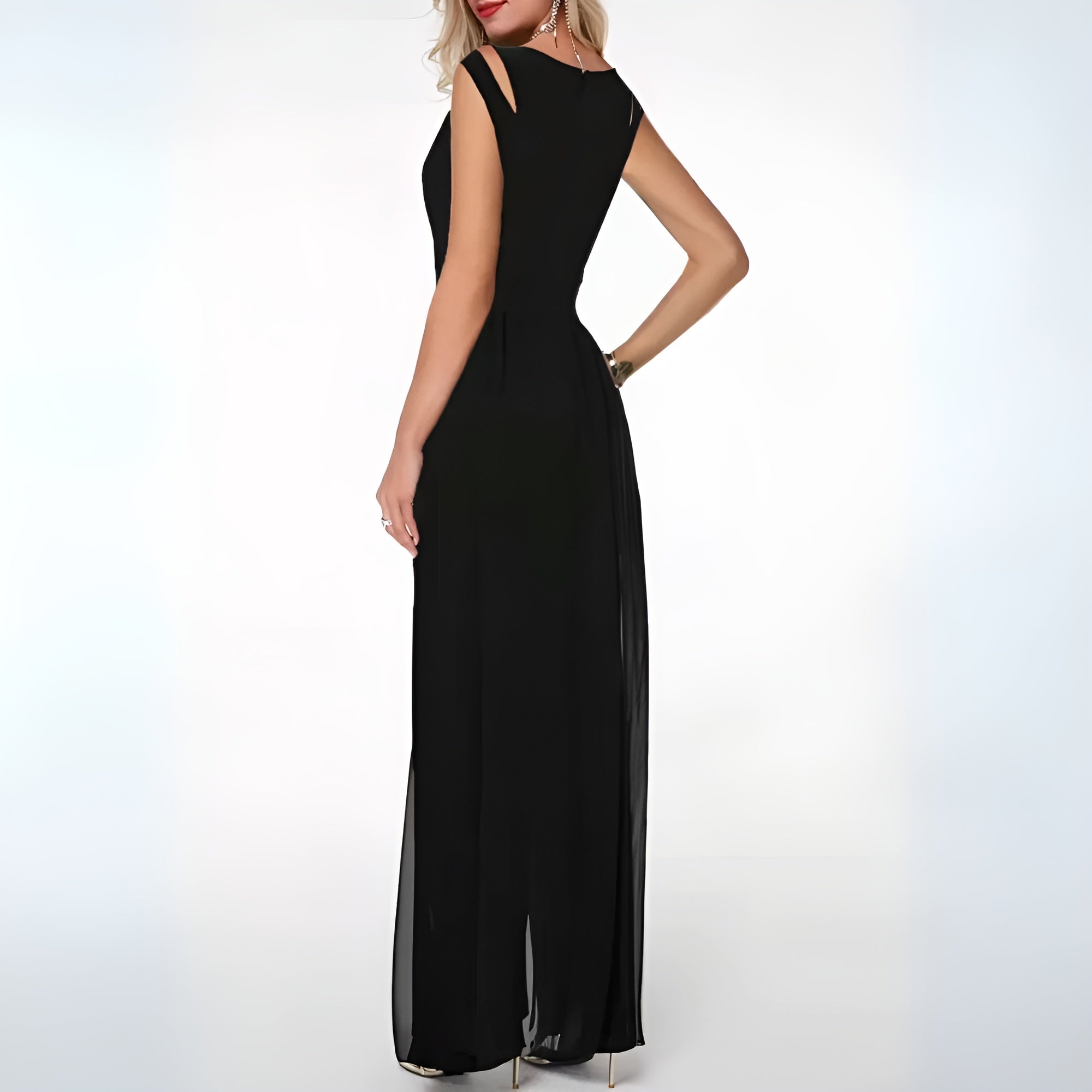 Women’s sleeveless flared jumpsuit with subtle shoulder detail