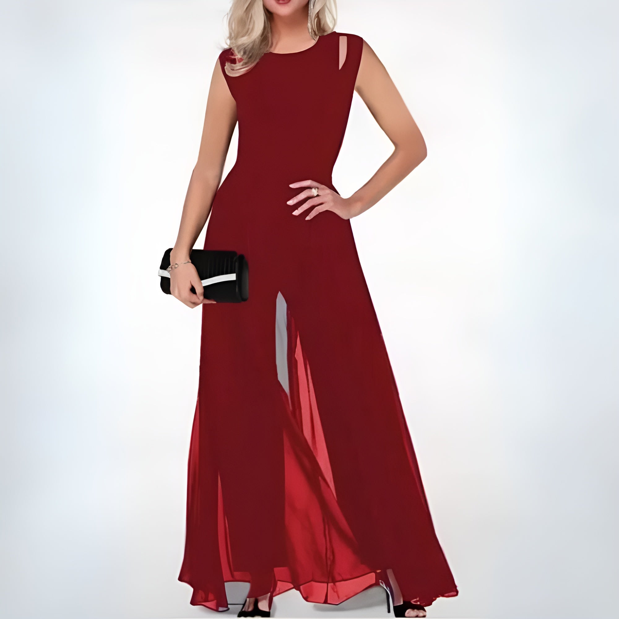 Women’s sleeveless flared jumpsuit with subtle shoulder detail