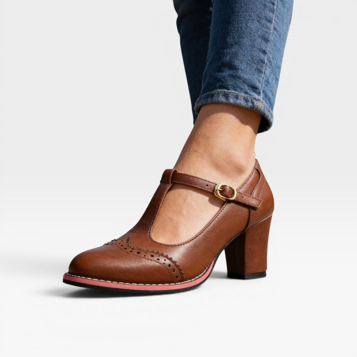 Women's T-Bar Mary Jane Block Heels – Vintage Brogue Pumps | Framley
