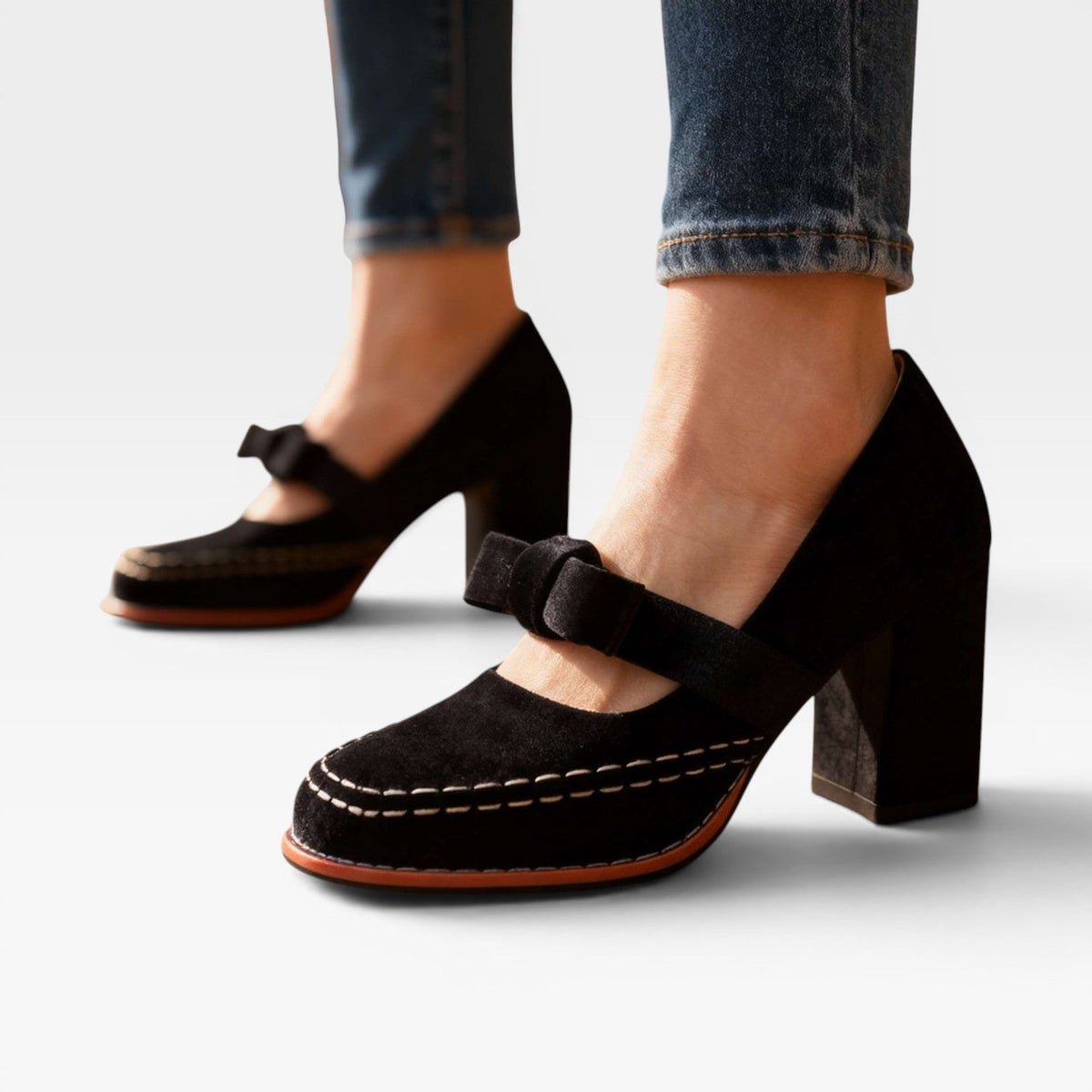 Women's Velvet Mary Jane Block Heel Pumps with Bow – Party Shoes | Garsington
