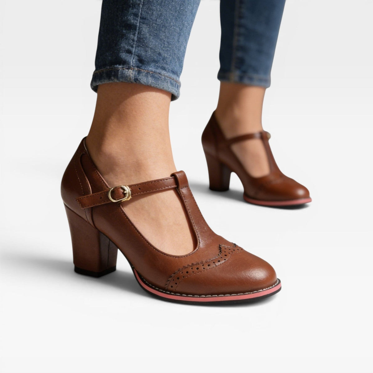 Women's T-Bar Mary Jane Block Heels – Vintage Brogue Pumps | Framley