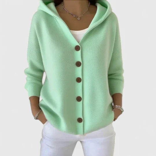 Women wearing a hooded button cardigan with relaxed fit