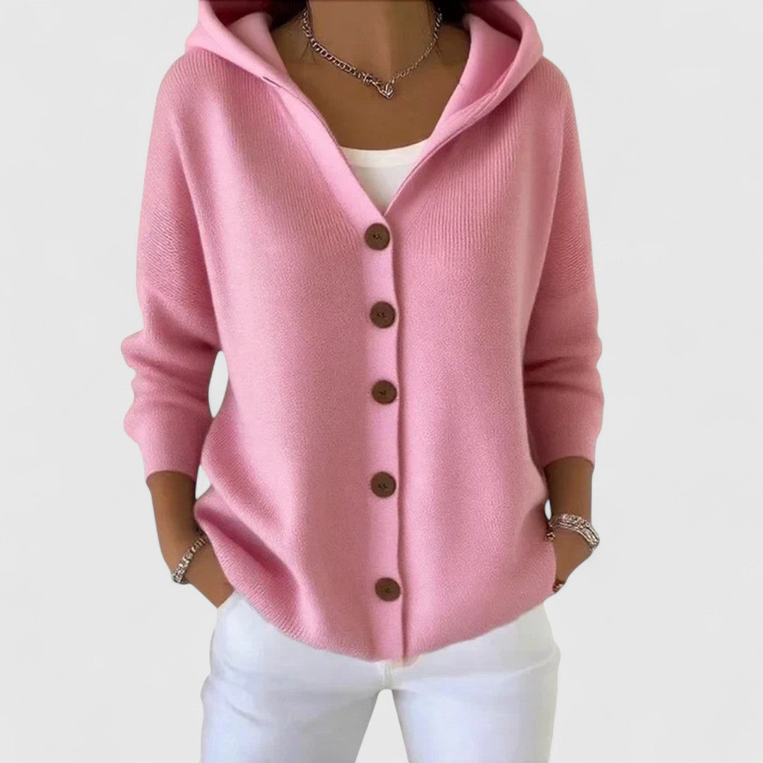 Women wearing a hooded button cardigan with relaxed fit