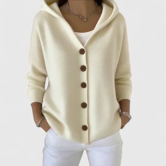 Women wearing a hooded button cardigan with relaxed fit