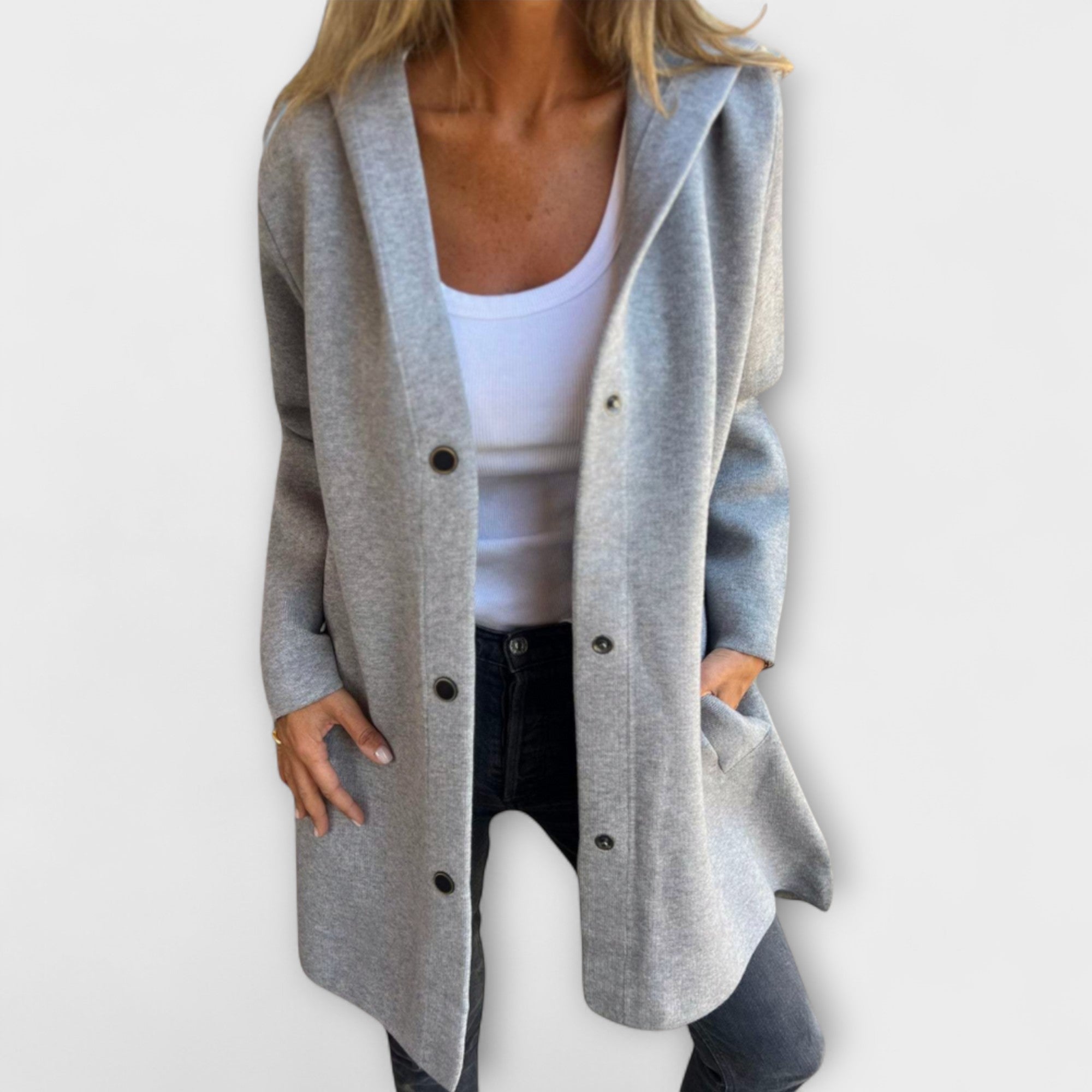 Women wearing a hooded single-breasted casual jacket