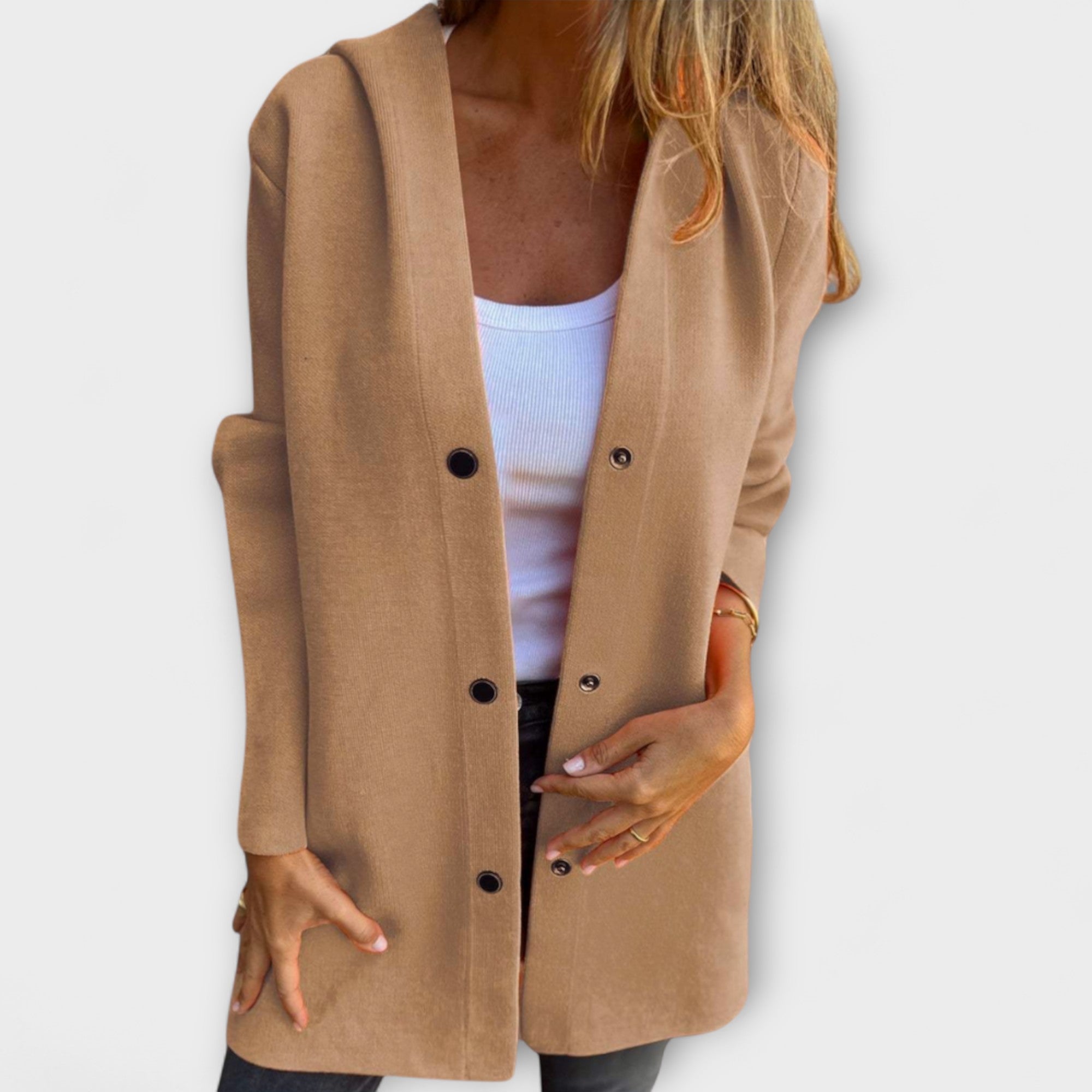 Women wearing a hooded single-breasted casual jacket
