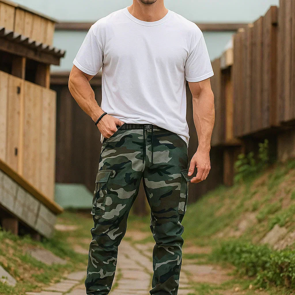 Men’s durable camo cargo work pants with multiple pockets, straight-leg fit, and rugged cotton-polyester fabric for work, outdoor activities, and everyday wear.