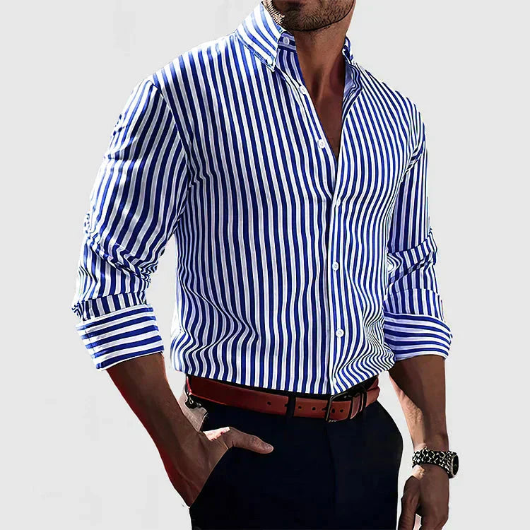 Men’s cotton blend striped button-up shirt with vertical stripes and a comfortable everyday fit.