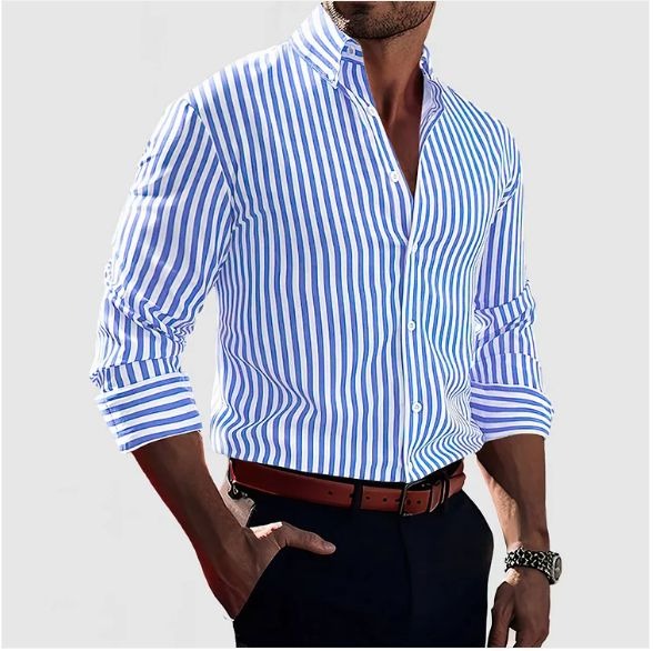 Men’s cotton blend striped button-up shirt with vertical stripes and a comfortable everyday fit.