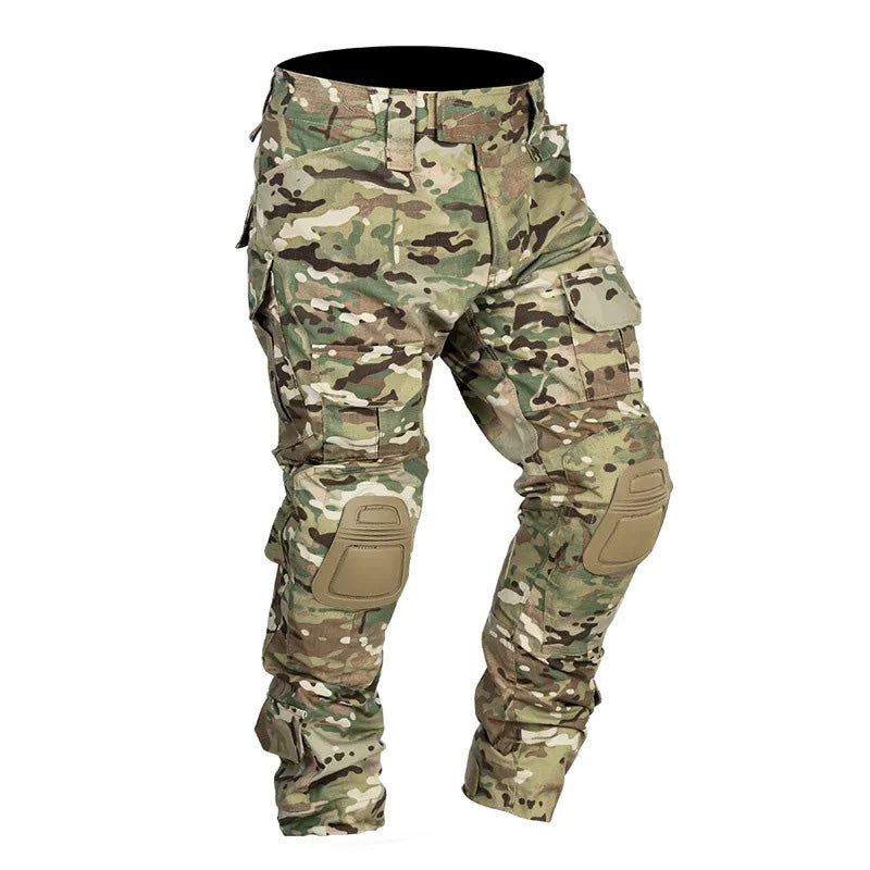Men’s tactical cargo pants with integrated knee pads, adjustable straps, multiple pockets, and durable cotton-polyester fabric for outdoor work and rugged activities.