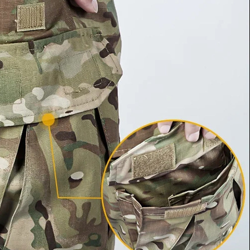 Men’s tactical cargo pants with integrated knee pads, adjustable straps, multiple pockets, and durable cotton-polyester fabric for outdoor work and rugged activities.
