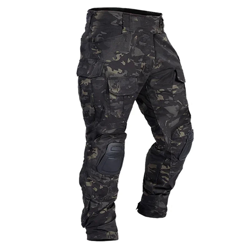 Men’s tactical cargo pants with integrated knee pads, adjustable straps, multiple pockets, and durable cotton-polyester fabric for outdoor work and rugged activities.