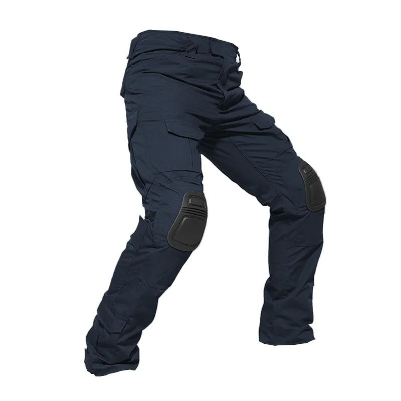 Men’s tactical cargo pants with integrated knee pads, adjustable straps, multiple pockets, and durable cotton-polyester fabric for outdoor work and rugged activities.