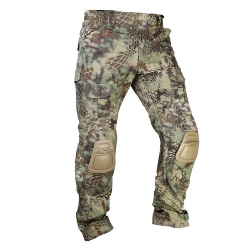 Men’s tactical cargo pants with integrated knee pads, adjustable straps, multiple pockets, and durable cotton-polyester fabric for outdoor work and rugged activities.