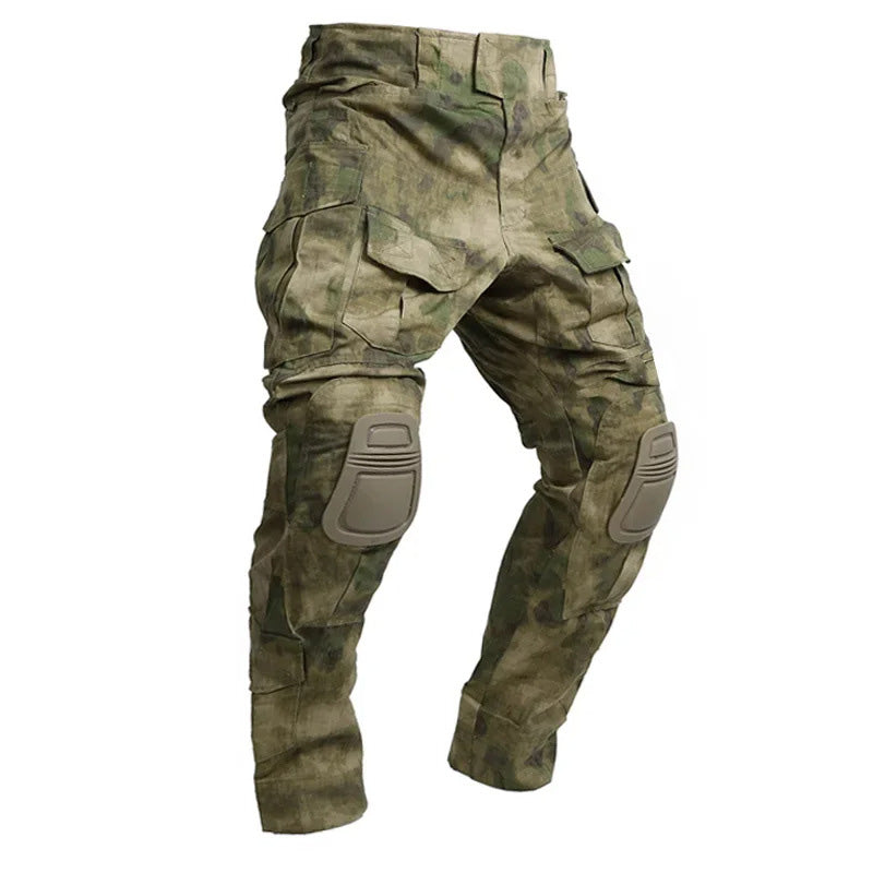 Men’s tactical cargo pants with integrated knee pads, adjustable straps, multiple pockets, and durable cotton-polyester fabric for outdoor work and rugged activities.