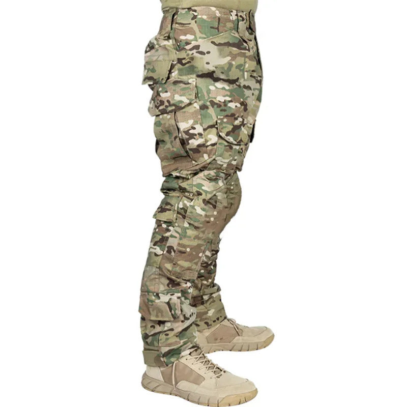 Men’s tactical cargo pants with integrated knee pads, adjustable straps, multiple pockets, and durable cotton-polyester fabric for outdoor work and rugged activities.