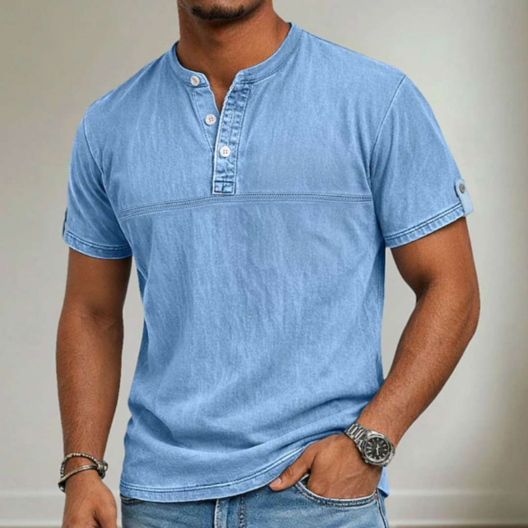 Men’s stand collar short sleeve Henley shirt with modern relaxed summer fit.