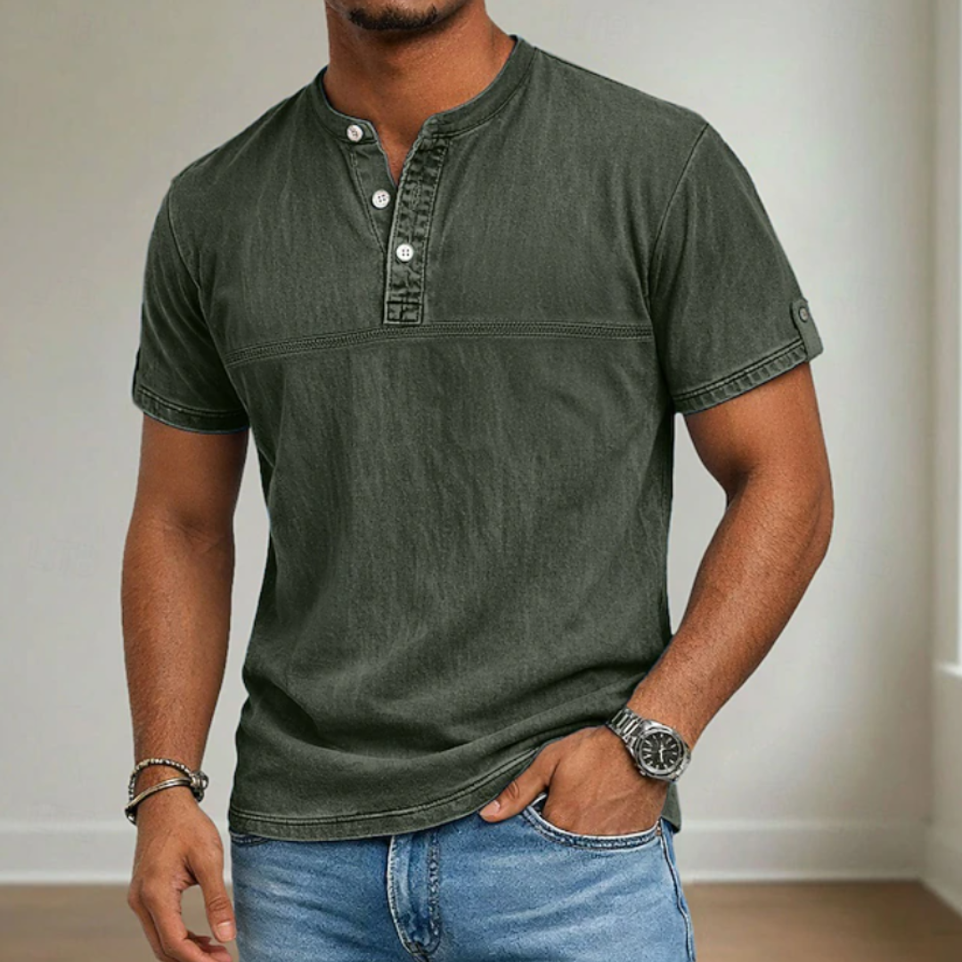 Men’s stand collar short sleeve Henley shirt with modern relaxed summer fit.