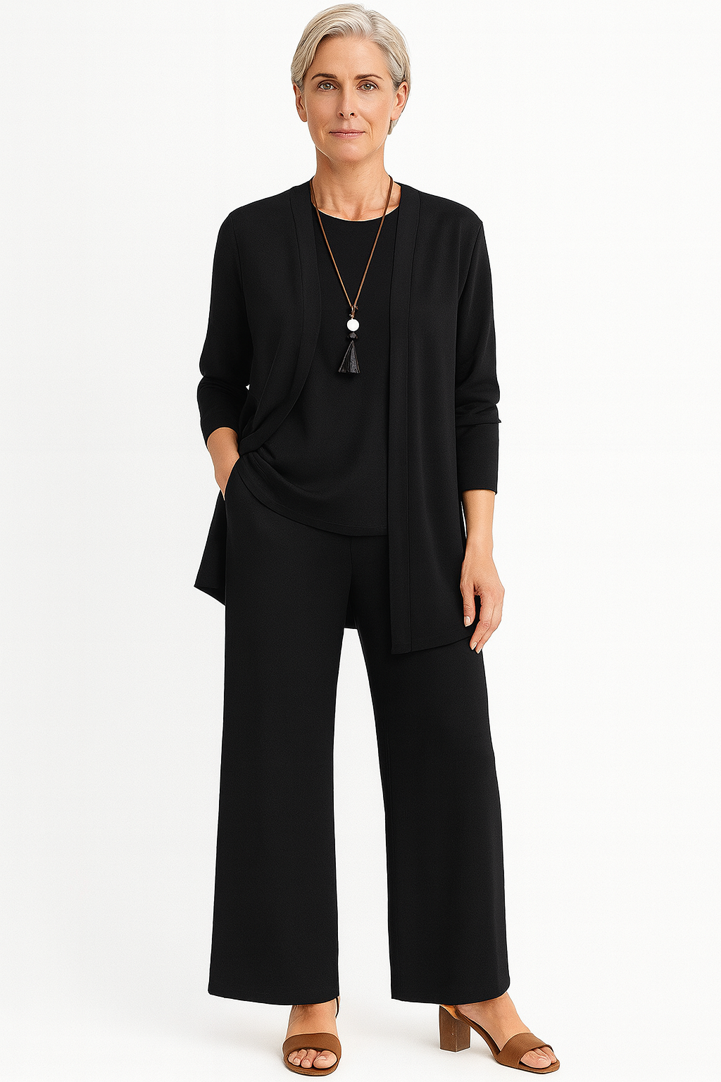 Women’s elegant three-piece outfit set with relaxed fit and lightweight fabric.