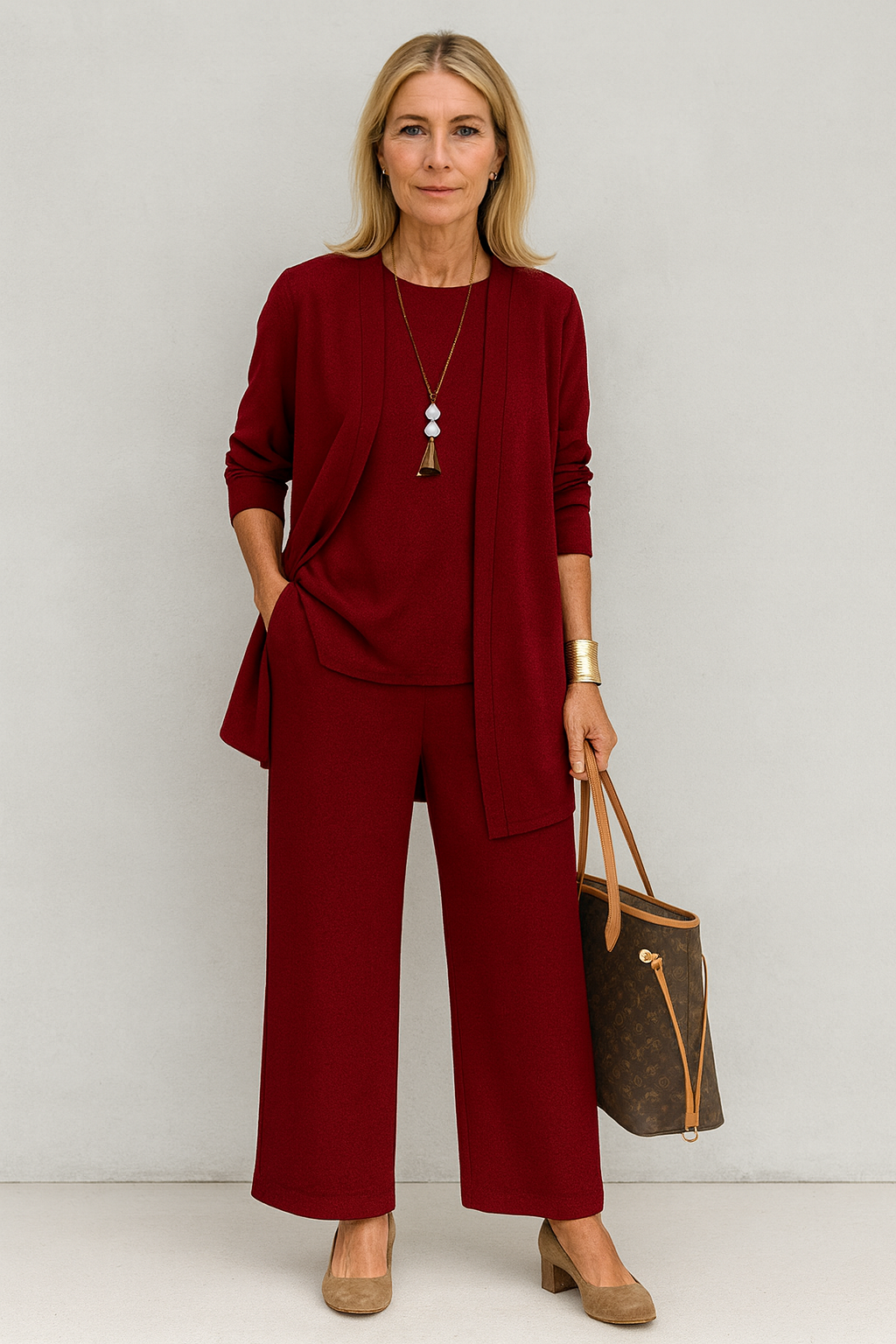 Women’s elegant three-piece outfit set with relaxed fit and lightweight fabric.