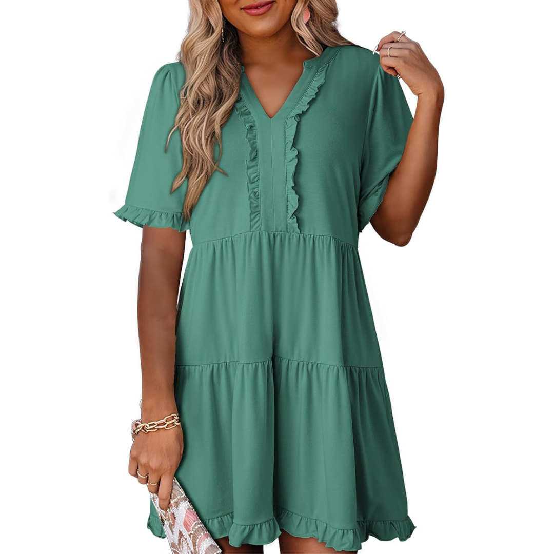 Women’s casual V-neck mini dress with relaxed fit and simple timeless design.