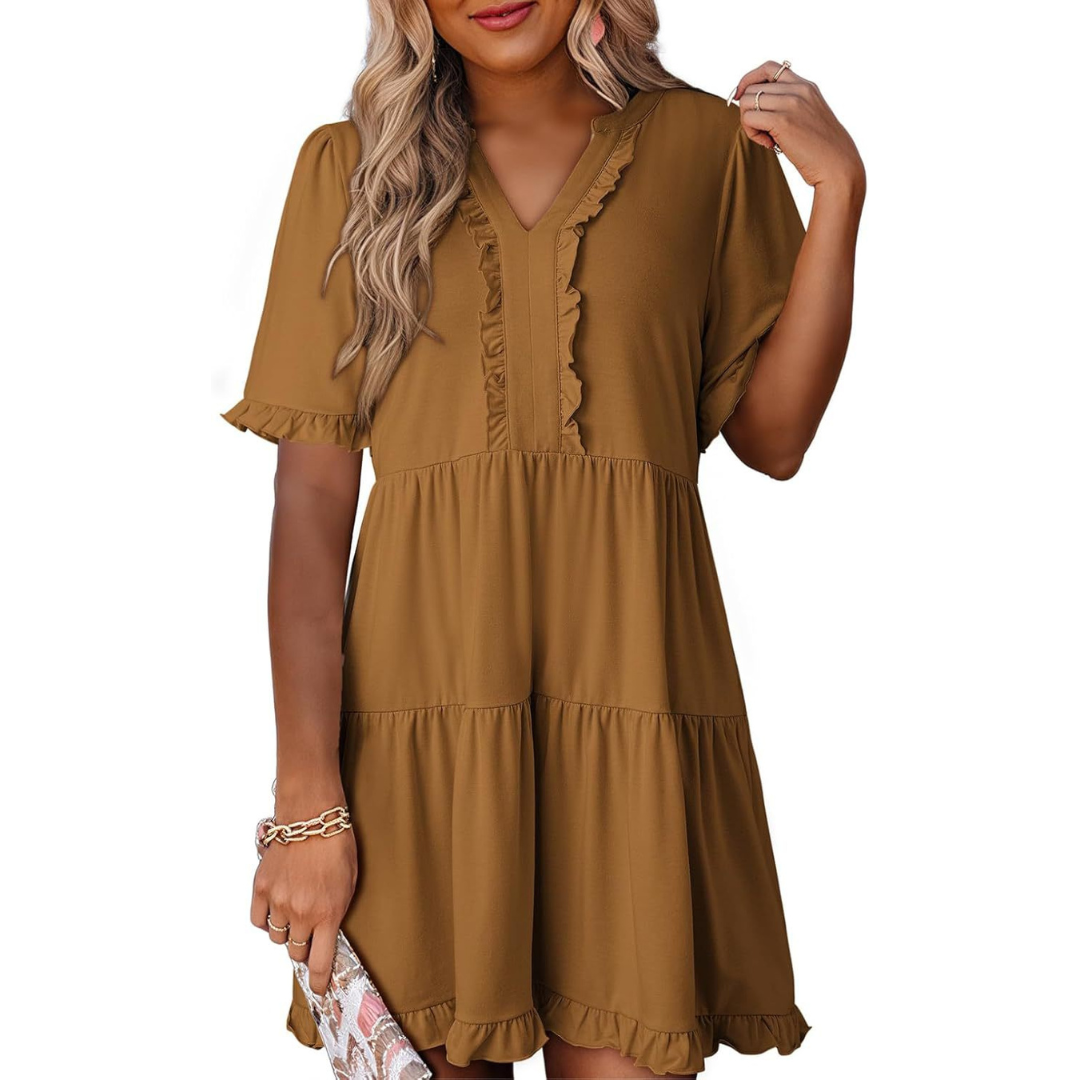 Women’s casual V-neck mini dress with relaxed fit and simple timeless design.