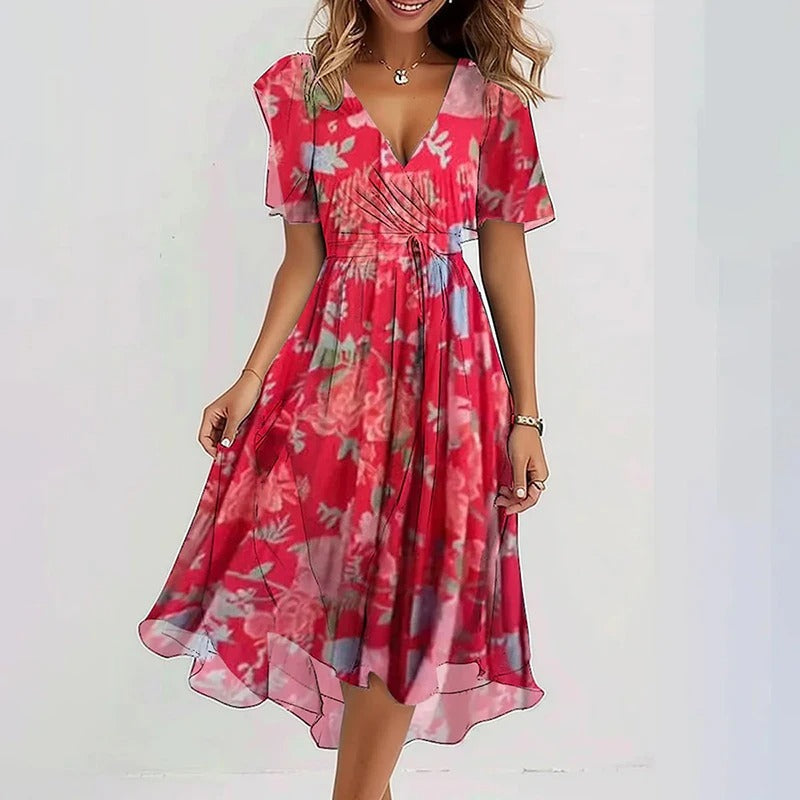 Women’s colourful flared dress with tailored silhouette, breathable fabric, and versatile styling for parties and daytime wear.