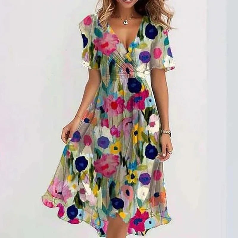 Women’s colourful flared dress with tailored silhouette, breathable fabric, and versatile styling for parties and daytime wear.