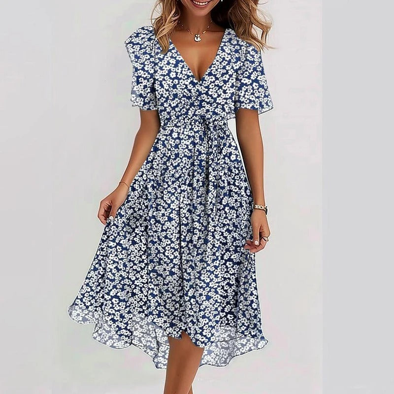 Women’s colourful flared dress with tailored silhouette, breathable fabric, and versatile styling for parties and daytime wear.
