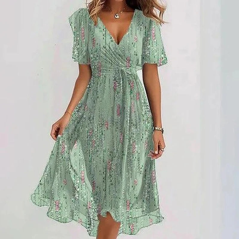 Women’s colourful flared dress with tailored silhouette, breathable fabric, and versatile styling for parties and daytime wear.