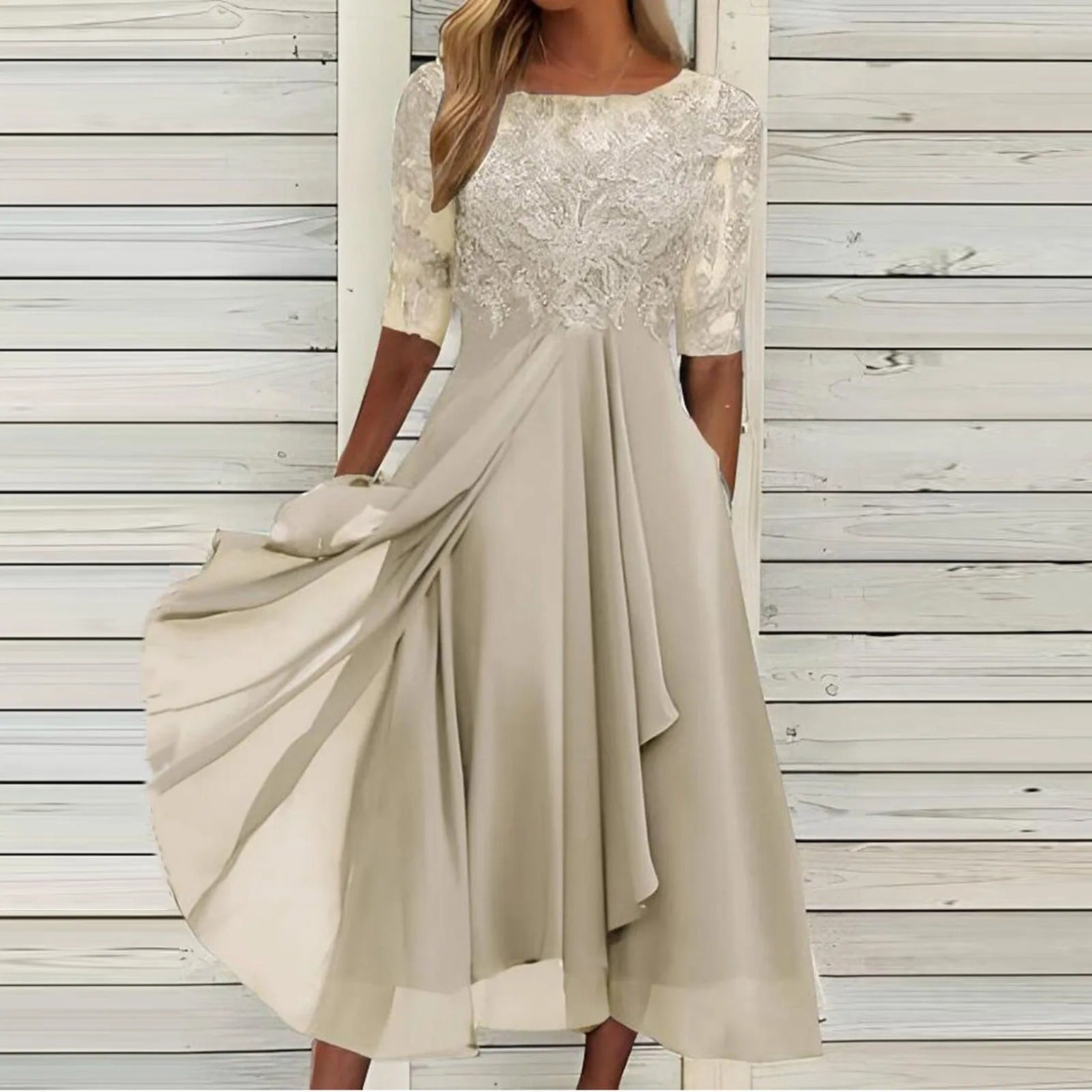 Women’s lace midi dress with A-line tummy-cover fit, 3/4 sleeves, and flowing skirt for comfort and timeless style.