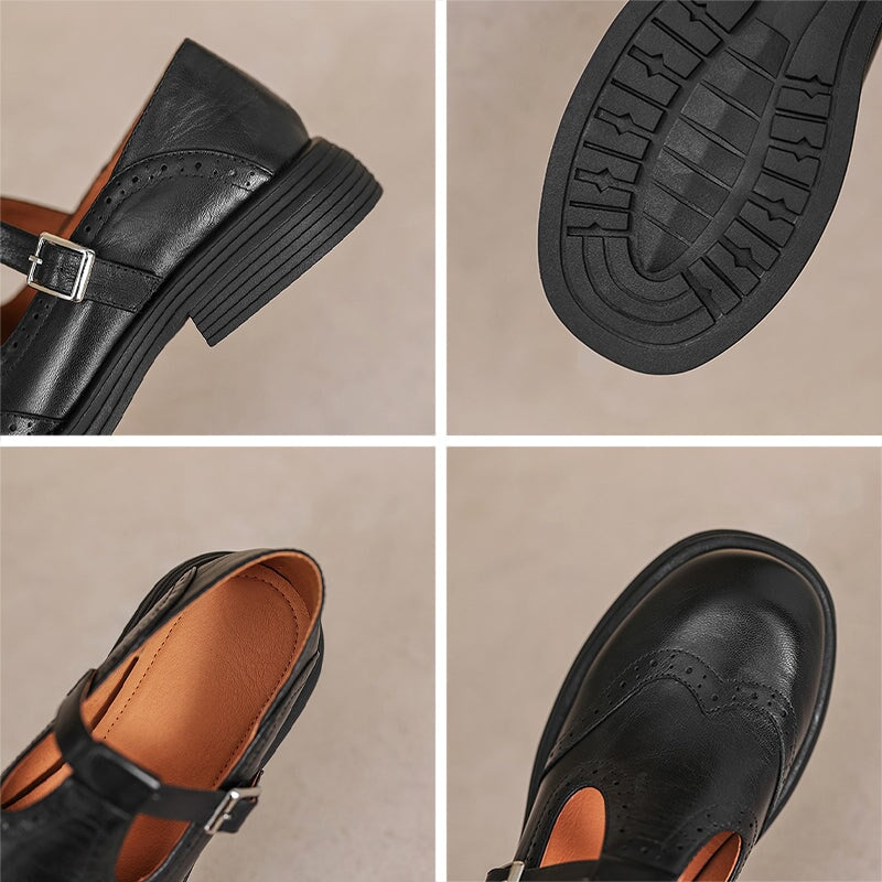 Women’s leather Mary Jane shoes with strap and cushioned sole designed for comfortable everyday walking.