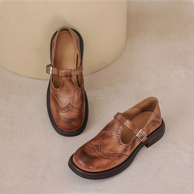Women’s leather Mary Jane shoes with strap and cushioned sole designed for comfortable everyday walking.