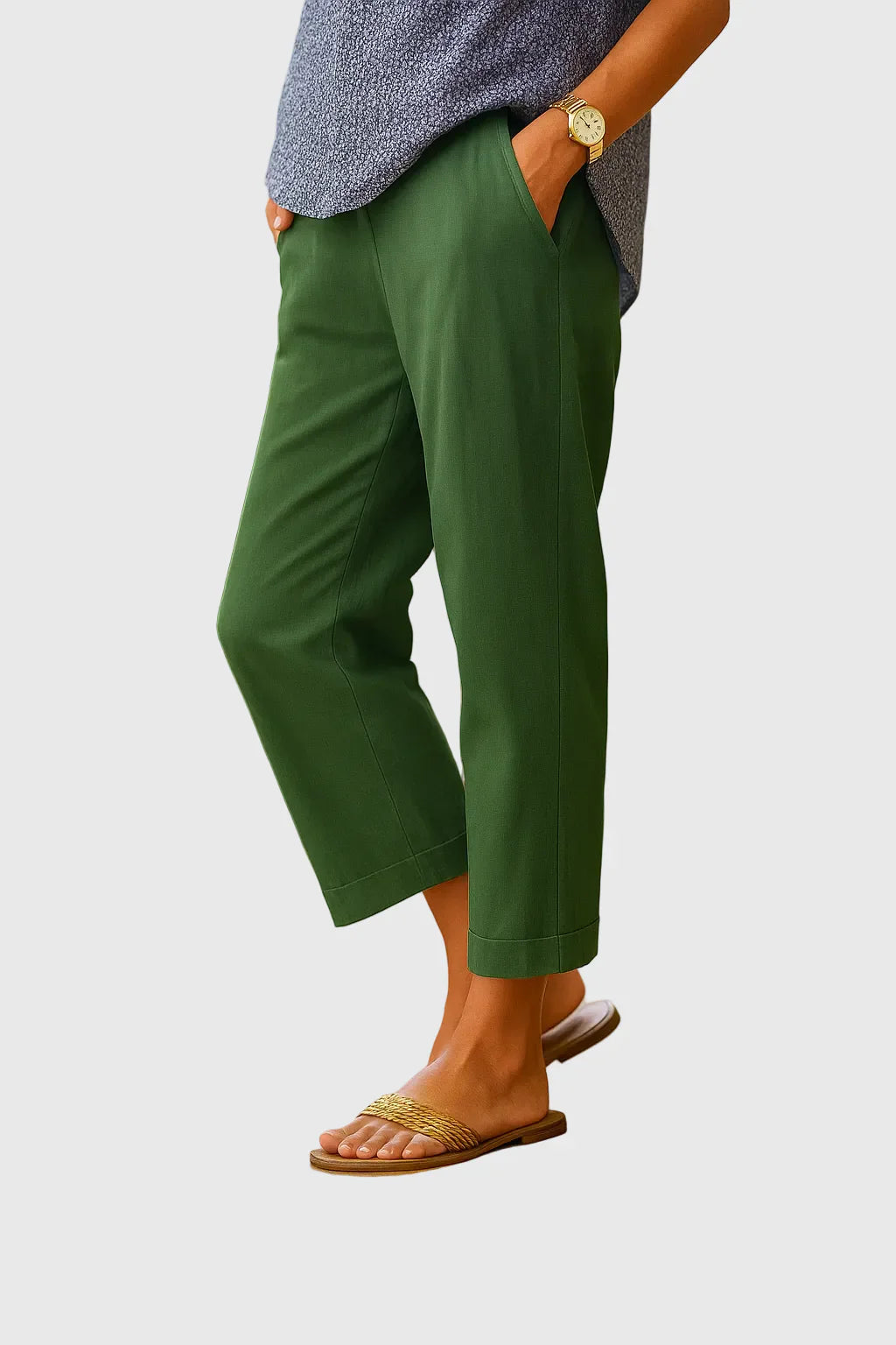Women’s lightweight relaxed-fit pants with breathable fabric, elastic waistband, and tapered leg for comfortable everyday style.