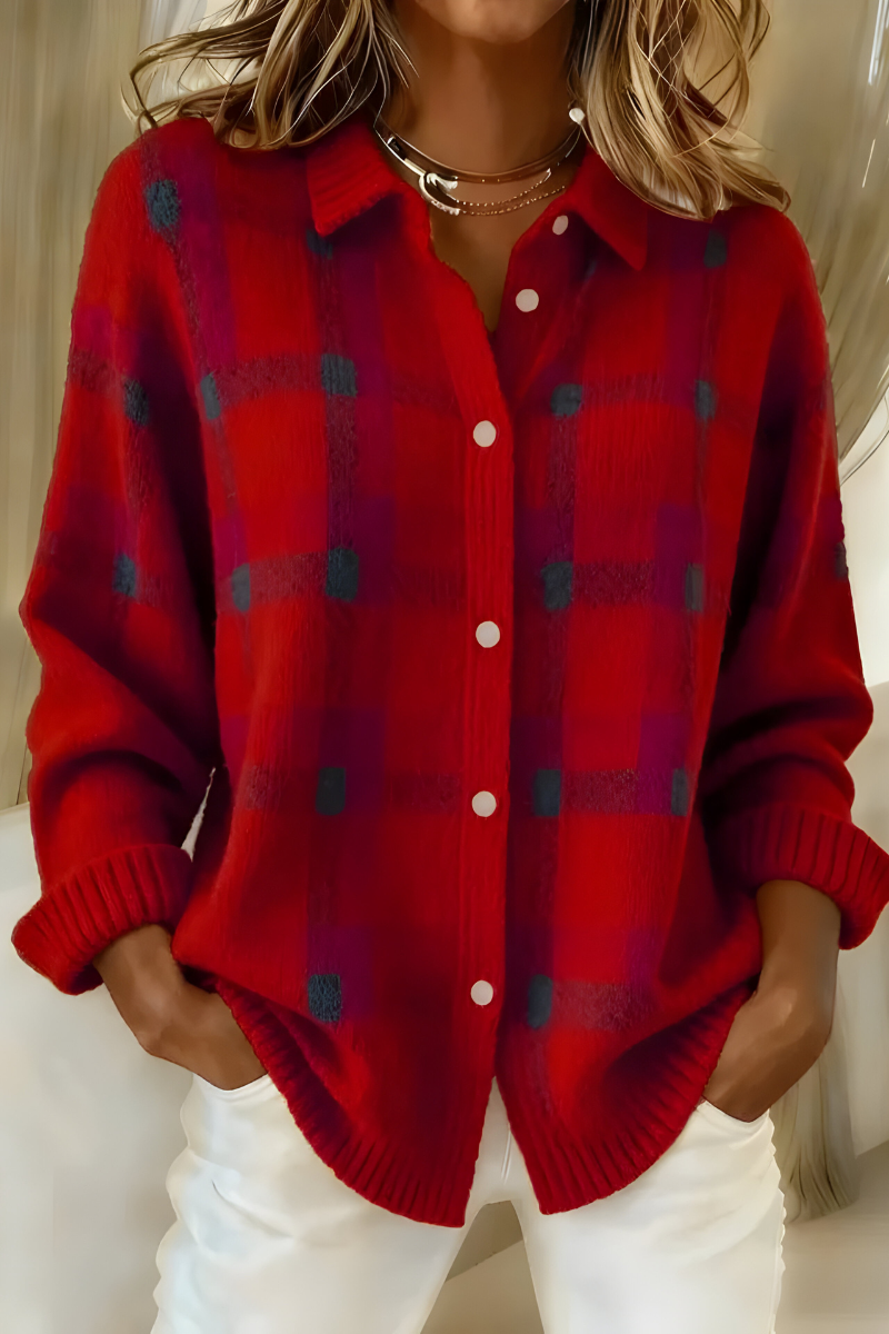 Women’s soft knit plaid cardigan with relaxed fit, perfect for layering or casual wear.