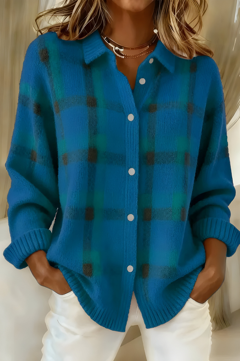 Women’s soft knit plaid cardigan with relaxed fit, perfect for layering or casual wear.