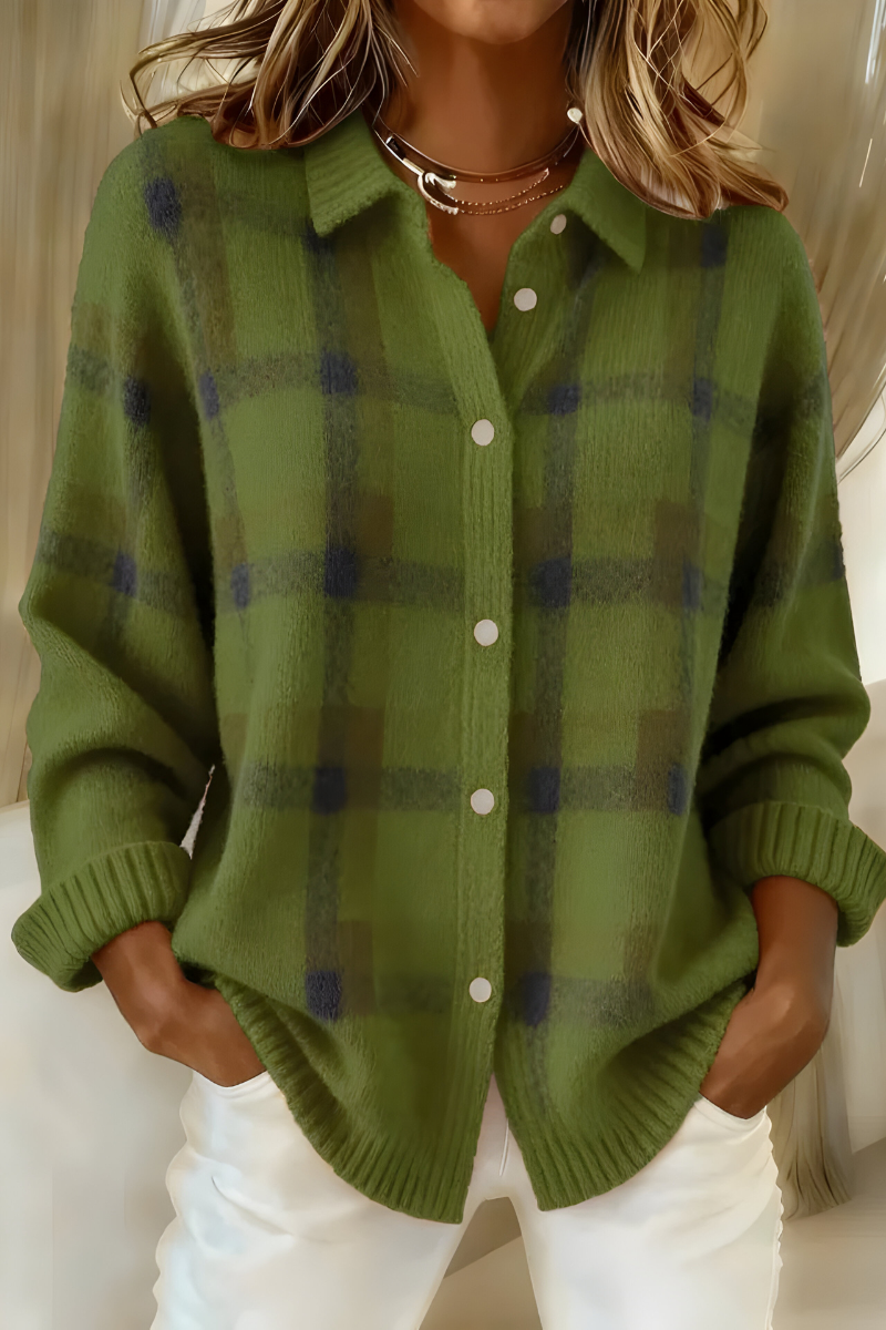 Women’s soft knit plaid cardigan with relaxed fit, perfect for layering or casual wear.