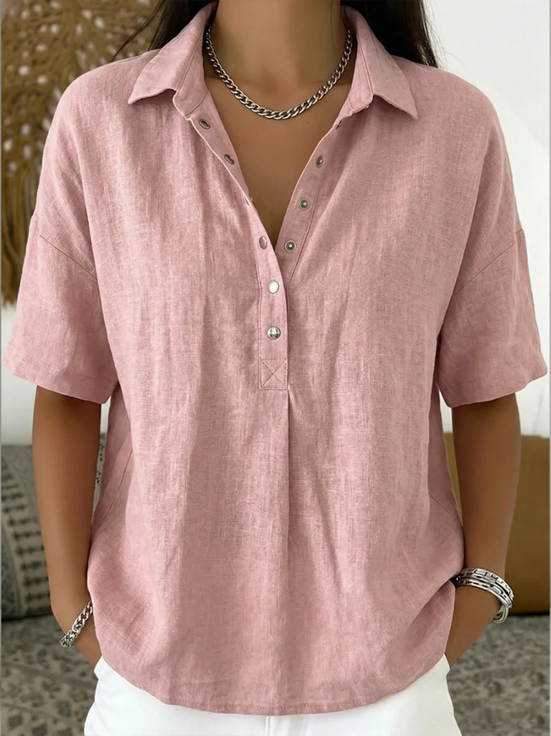 Women’s summer blouse with classic collar, button placket, and relaxed fit, ideal for casual and versatile summer styling.