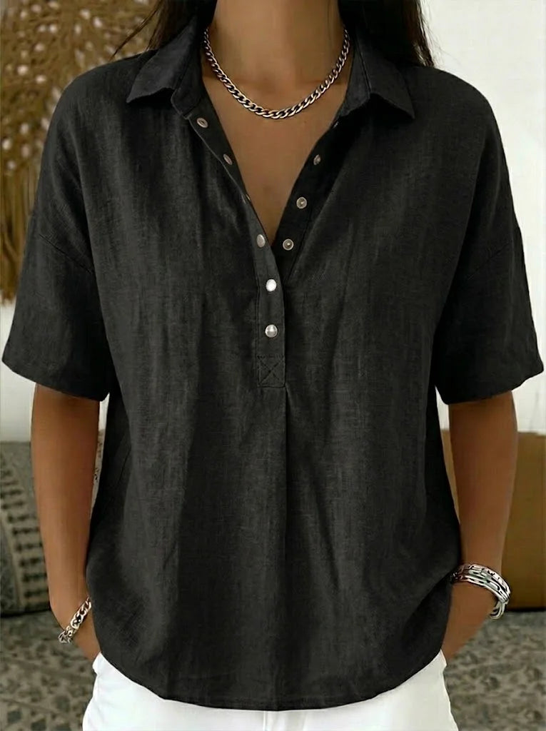 Women’s summer blouse with classic collar, button placket, and relaxed fit, ideal for casual and versatile summer styling.