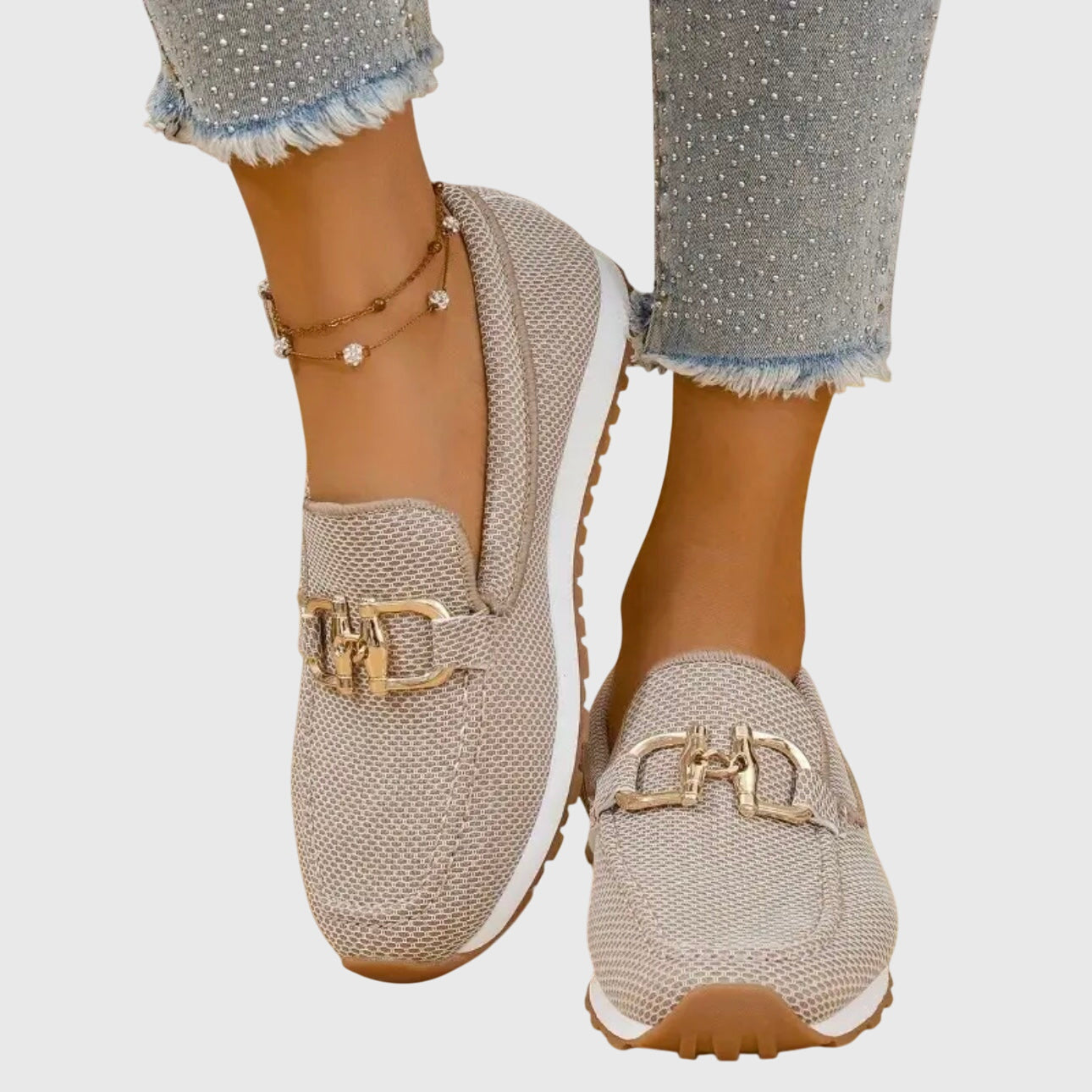 Women’s summer loafer sneakers with cushioned insole, slip-on design, and subtle gold detail for comfortable everyday wear.