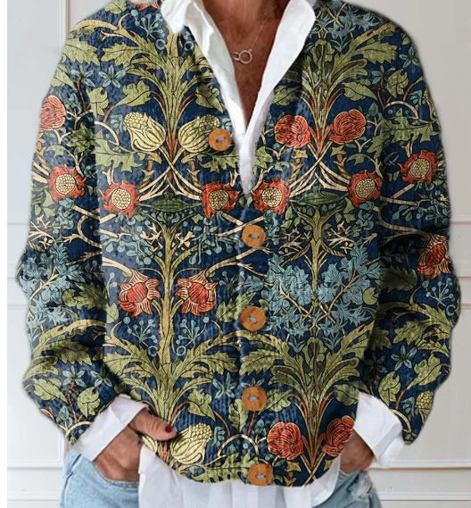 Women wearing a soft knit floral open-front cardigan