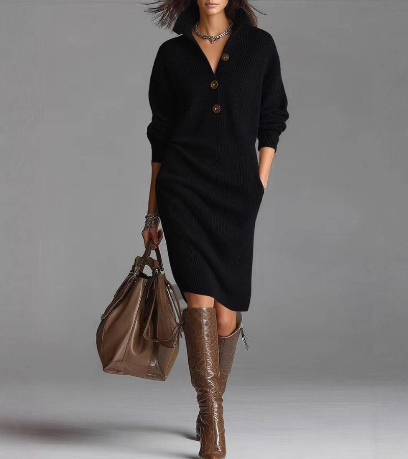 Woman wearing a soft knit long sleeve dress with high collar and side pockets