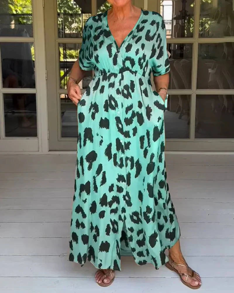 leopard print v neck flowy maxi dress women casual summer style