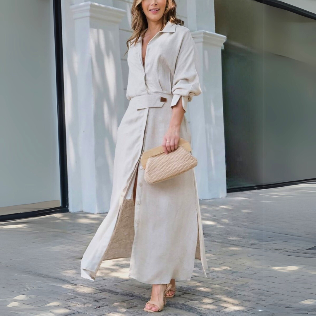 Women wearing a breathable linen V-neck maxi dress for summer
