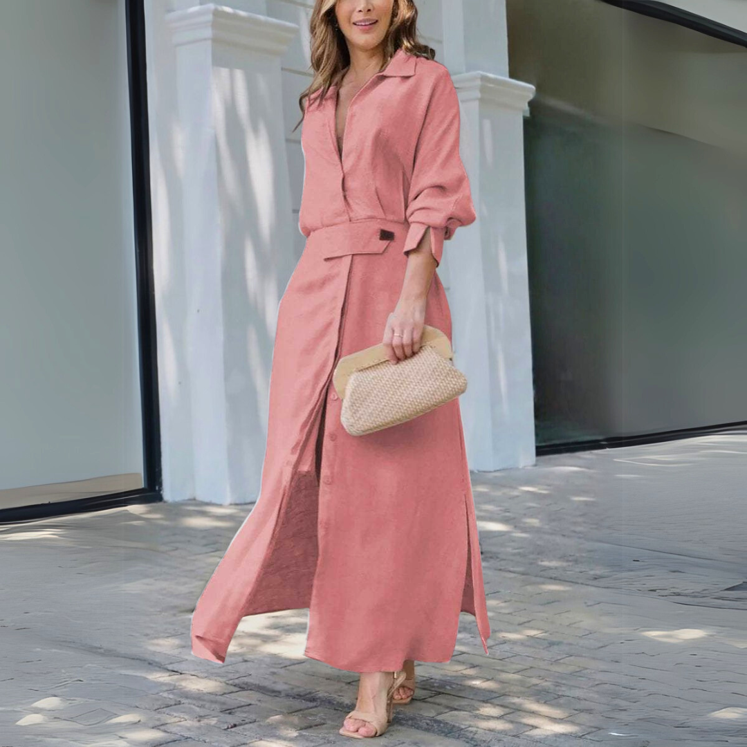 Women wearing a breathable linen V-neck maxi dress for summer
